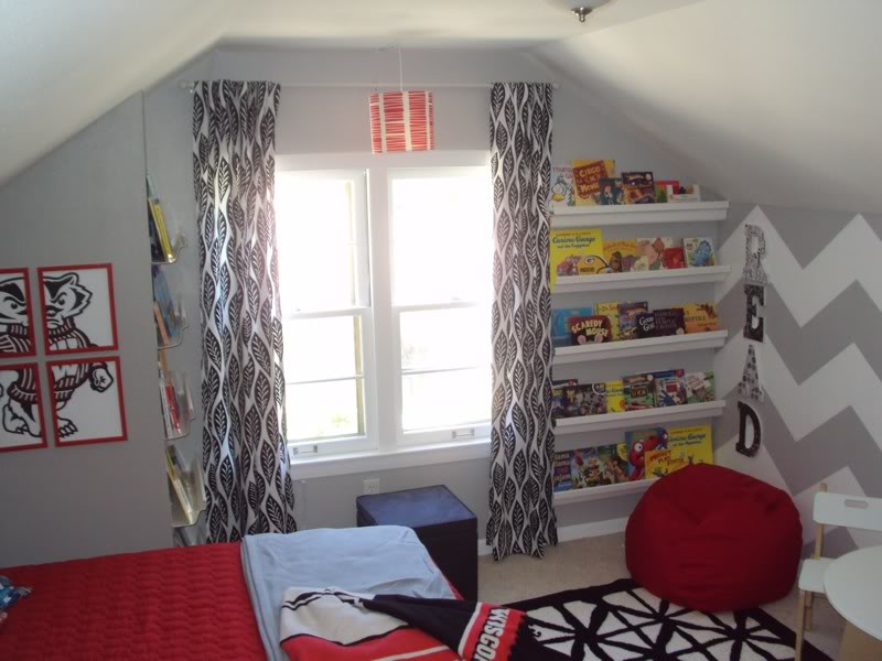 Room Reveal: Red & Gray, chevron wall, gutter bookshelves