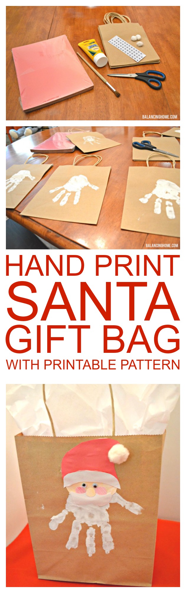 Hand print Santa gift bag with printable pattern. Perfect for wrapping up a teacher gift or grandparent's present.