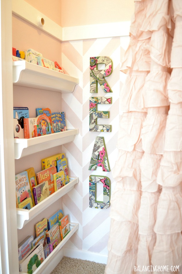 Closet to Reading Nook- herringbone stencil & gutter bookshelves #biggirlroom