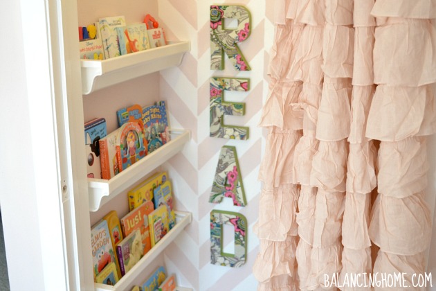 Closet to Reading Nook- herringbone stencil & gutter bookshelves #biggirlroom