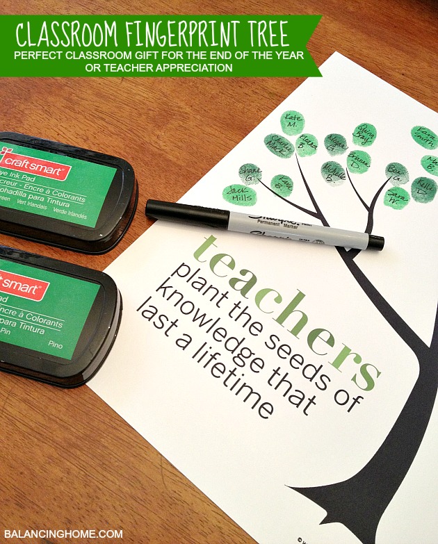 Classroom Fingerprint Tree- perfect gift for teacher appreciation or the end of the year. Free printable from https://www.balancinghome.com