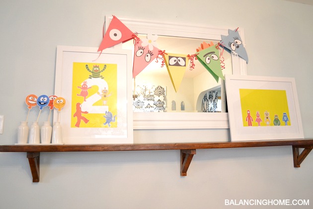 simple and affordable Yo Gabba Gabba Birthday decorations using construction paper, free printables and wrapping paper.