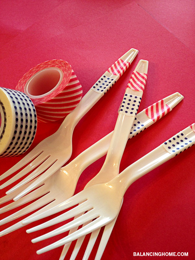Washi Tape Forks- The simplest way to dress up plastic utensils for a party!