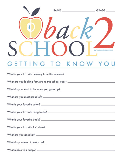 Back To School - Getting to Know You Questionnaire Printable